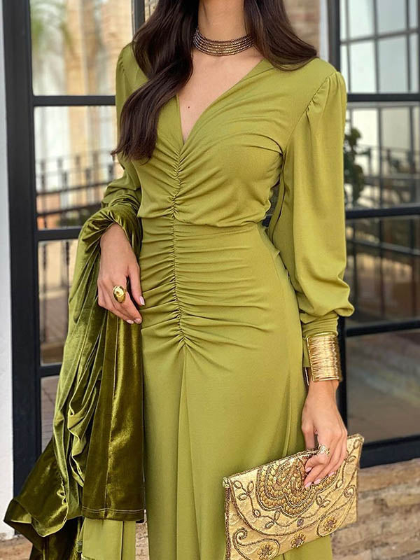 Bodycon Nine-Minute Sleeve Pleated Solid Color V-Neck Maxi Dresses