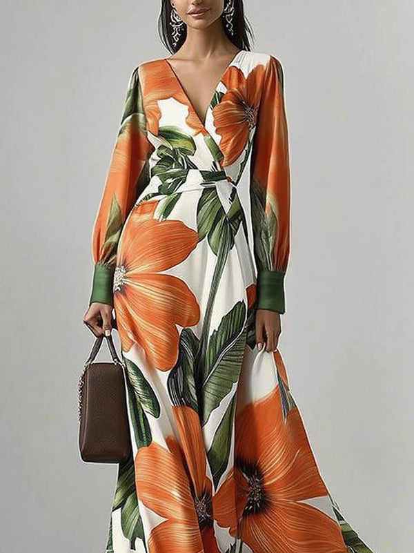 Long Sleeves Loose Flower Print Pleated V-Neck Maxi Dresses