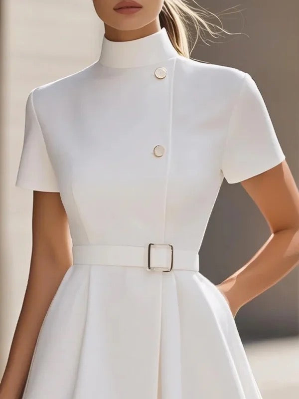 Short Sleeves Belted Buttoned Solid Color Stand Collar Mini Dresses