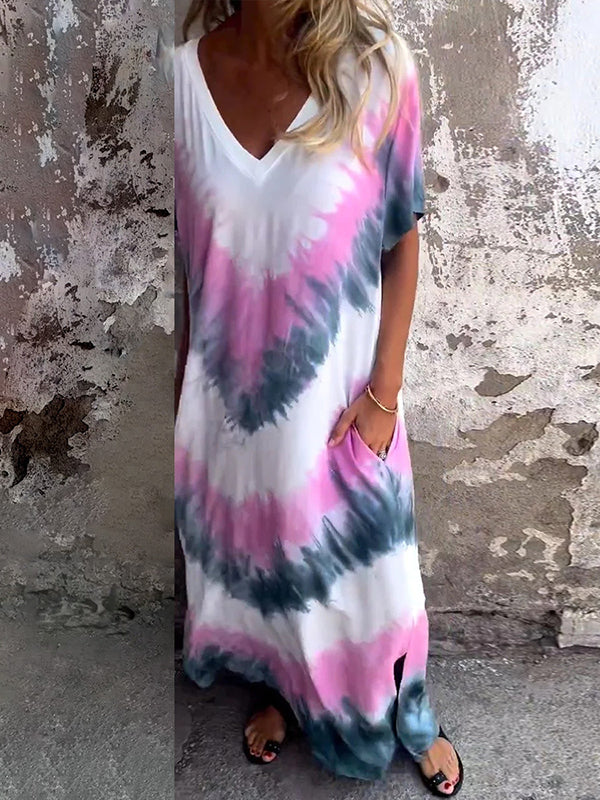 A-Line Loose Contrast Color Pockets Tie-Dyed V-Neck Maxi Dresses