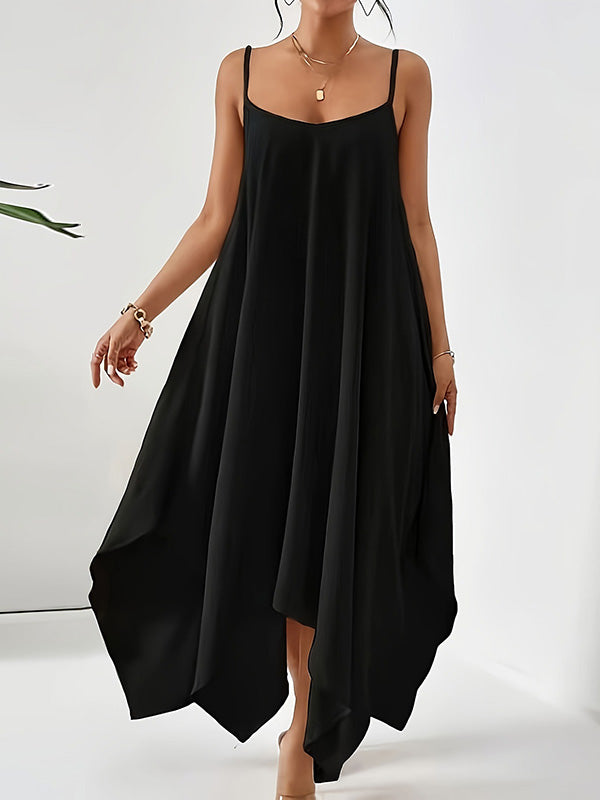 Loose Sleeveless Asymmetric Solid Color Spaghetti-Neck Maxi Dresses