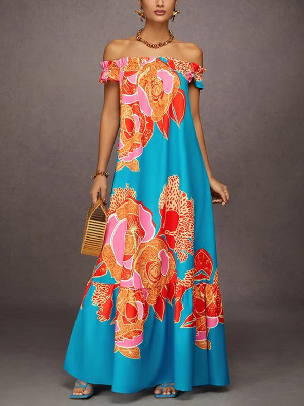A-Line Loose Elasticity Flower Print Pleated Split-Joint Off-The-Shoulder Maxi Dresses