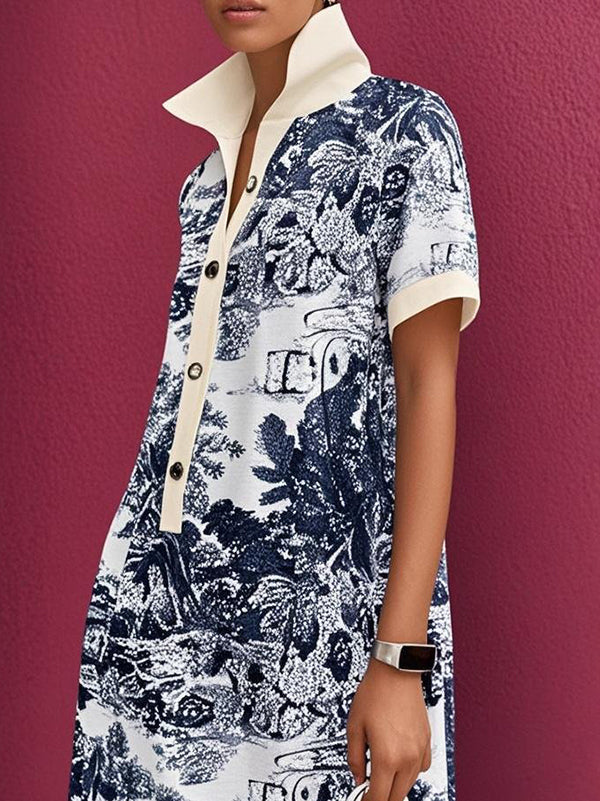 Loose Short Sleeves Buttoned Contrast Color Pockets Stand Collar Mini Dresses