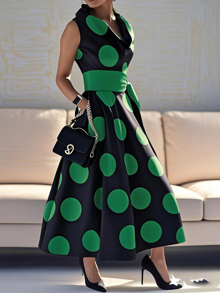 A-Line Loose Pockets Polka-Dot Split-Joint Tied Waist Lapel Maxi Dresses Shirt Dress