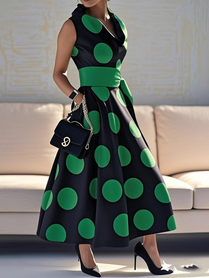 A-Line Loose Pockets Polka-Dot Split-Joint Tied Waist Lapel Maxi Dresses Shirt Dress
