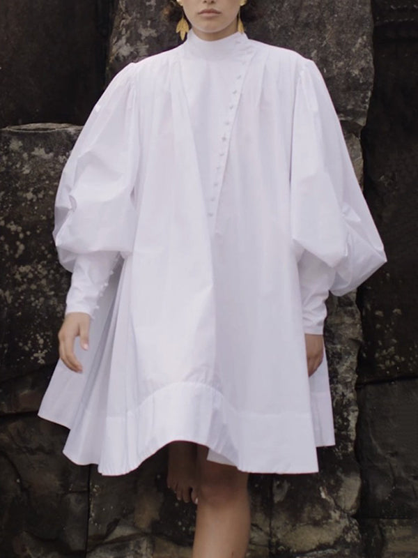 Long Sleeves Loose Buttoned Solid Color Stand Collar Mini Dresses Shirt Dress