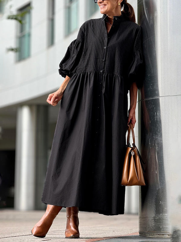 Half Sleeves Loose Buttoned Pleated Solid Color Tied Waist Stand Collar Maxi Dresses