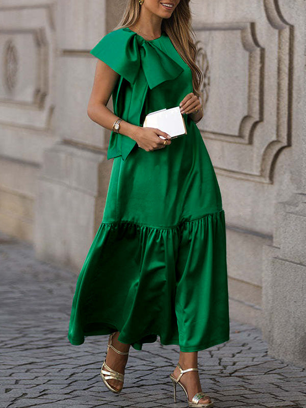 Sleeveless Bowknot Pleated Split-Joint Round-Neck Maxi Dresses