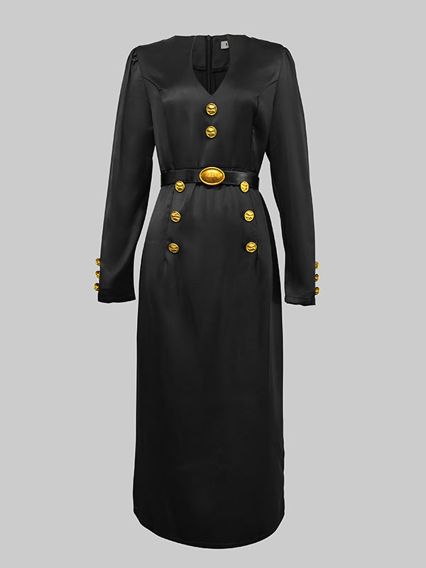 Long Sleeves Puff Sleeves Buttoned Solid Color Deep V-Neck Midi Dresses