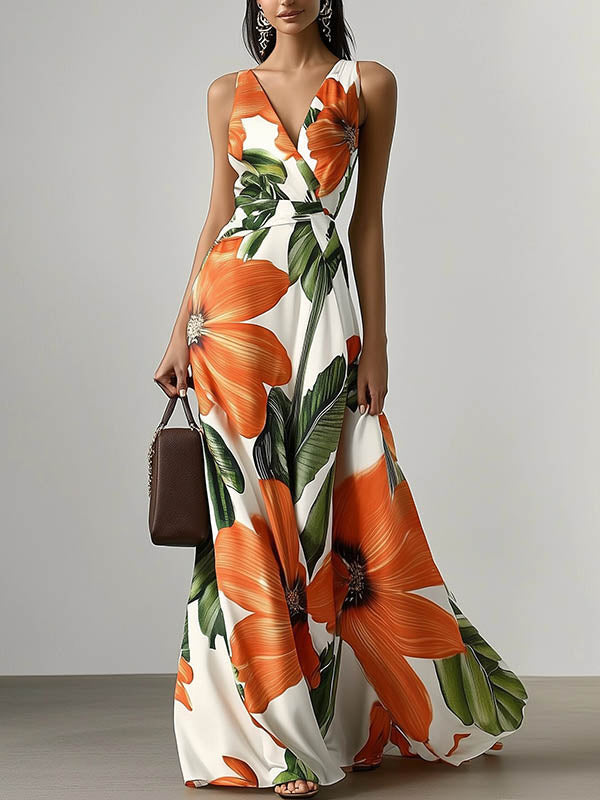 Loose Sleeveless Floral Printed Split-Joint V-Neck Evening Dresses Maxi Dresses