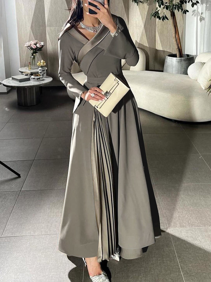 A-Line Wrap Pleated Solid Color Split-Joint V-Neck Maxi Dresses