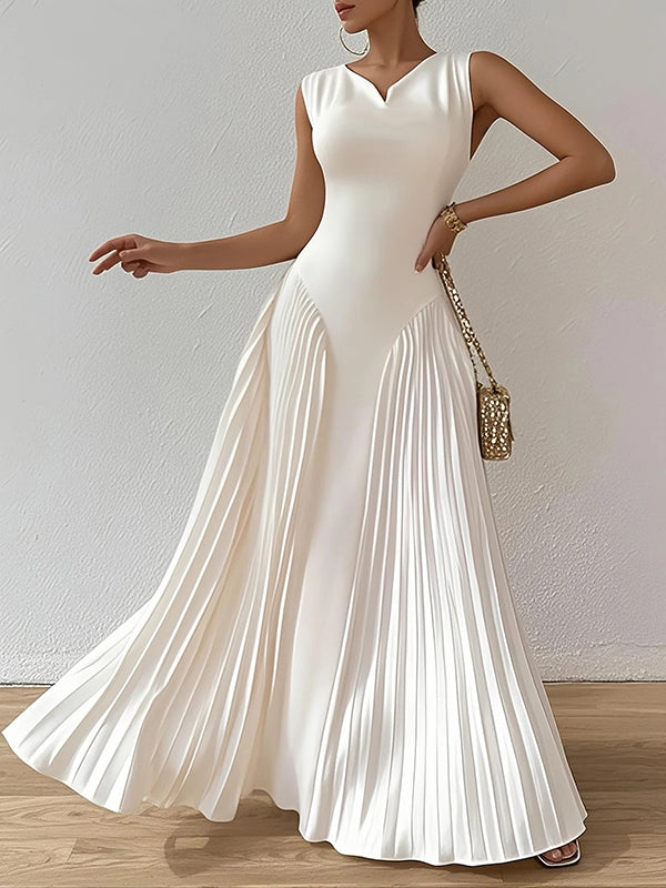 A-Line Loose Pleated Solid Color V-Neck Maxi Dresses