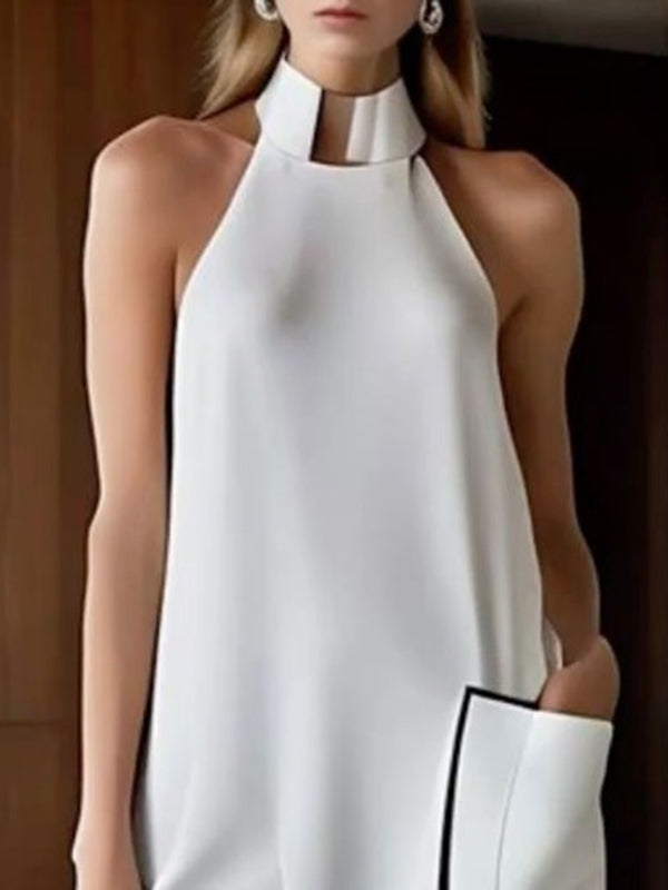 High-Low Sleeveless Pockets Solid Color Split-Joint High Neck Midi Dresses