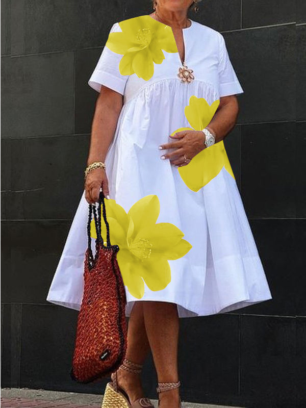 A-Line Loose Flower Print Pleated V-Neck Midi Dresses