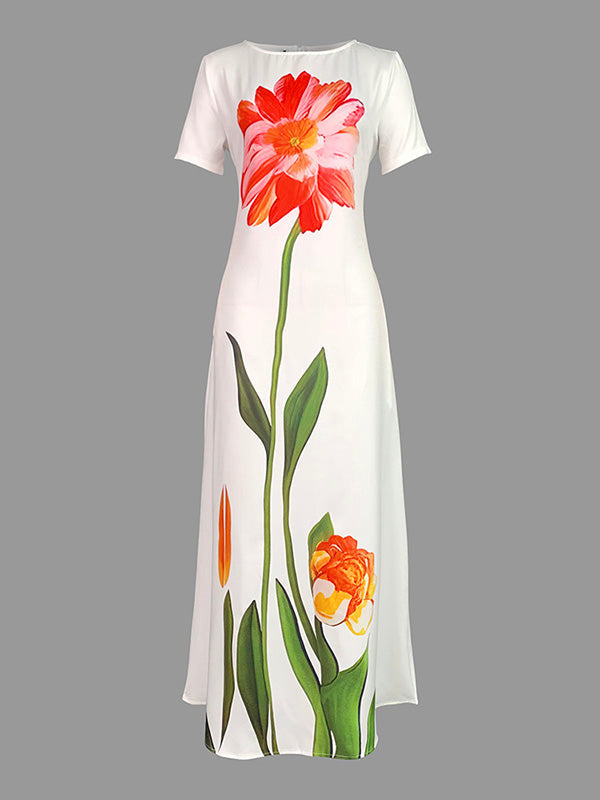 Short Sleeves Flower Print Boat Neck Maxi Dresses