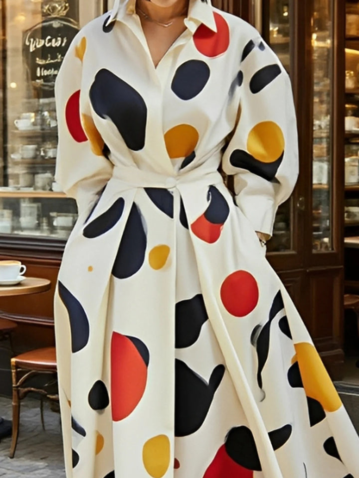 Long Sleeves Loose Contrast Color Pockets Lapel Maxi Dresses Shirt Dress