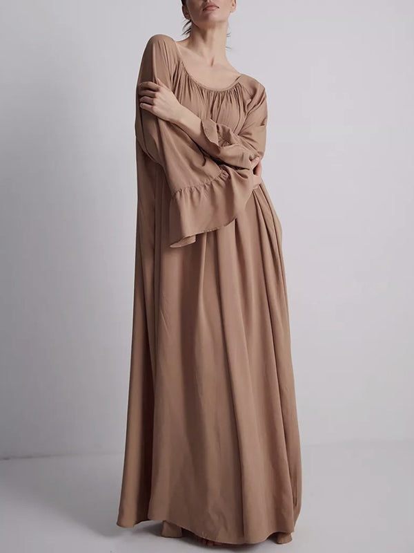 A-Line Flared Sleeves Pleated Solid Color Split-Joint Round-Neck Maxi Dresses