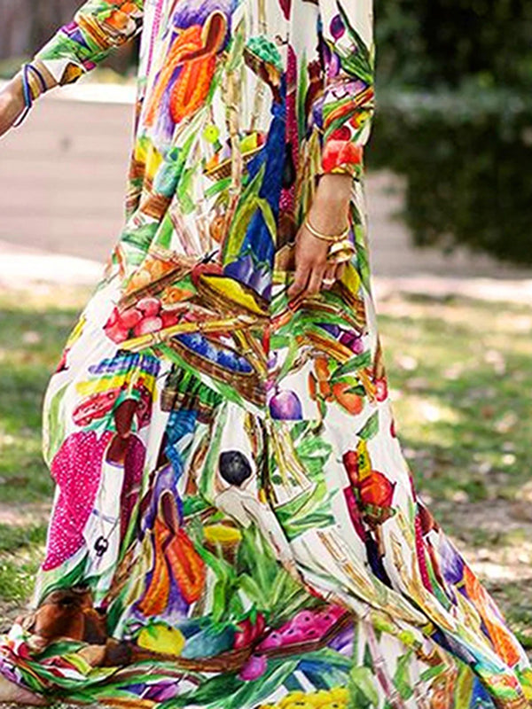 Long Sleeves Loose Asymmetric Printed Split-Joint Lapel Maxi Dresses Shirt Dress