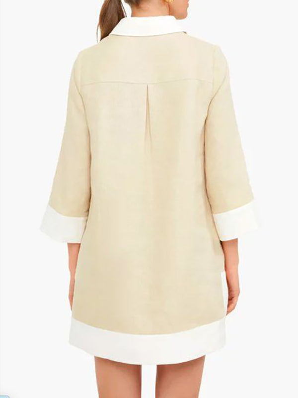 A-Line Loose Buttoned Contrast Color Pockets Stand Collar Mini Dresses
