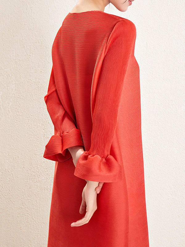 A-Line Loose Pleated Solid Color Round-Neck Maxi Dresses