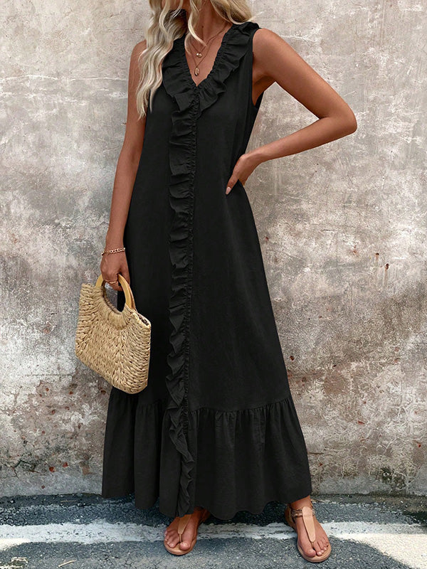 A-Line Loose Pleated Ruffle Trim Solid Color V-Neck Maxi Dresses