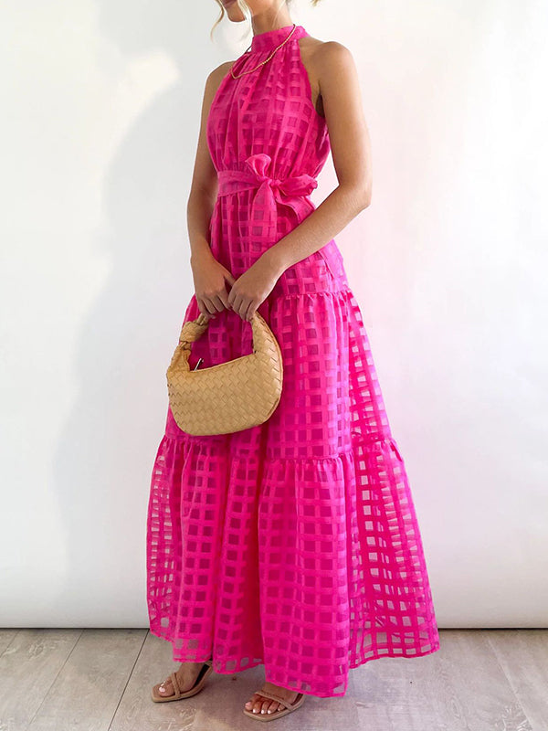 Loose Sleeveless Plaid Ribbed Stand Collar Maxi Dresses