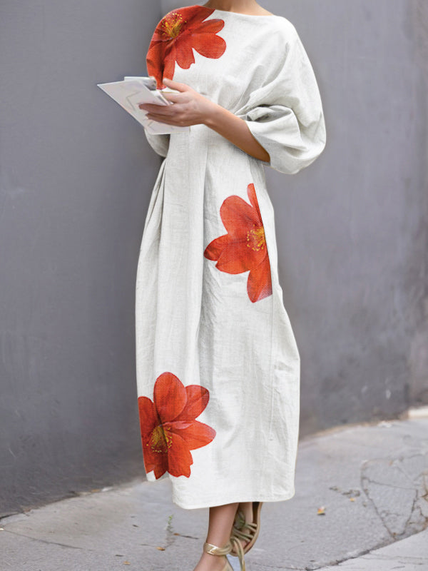 Half Sleeves Loose Flower Print Round-Neck Midi Dresses