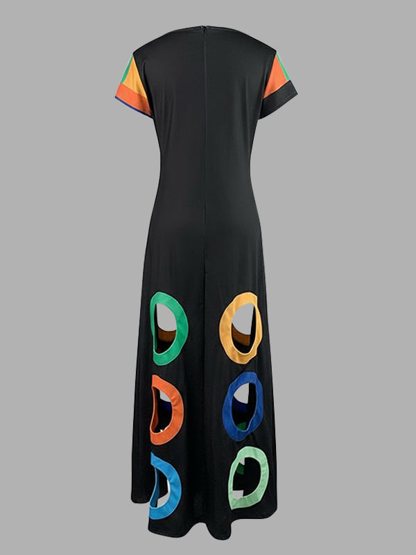 A-Line High Waisted Colorful Contrast Color Hollow V-Neck Maxi Dresses