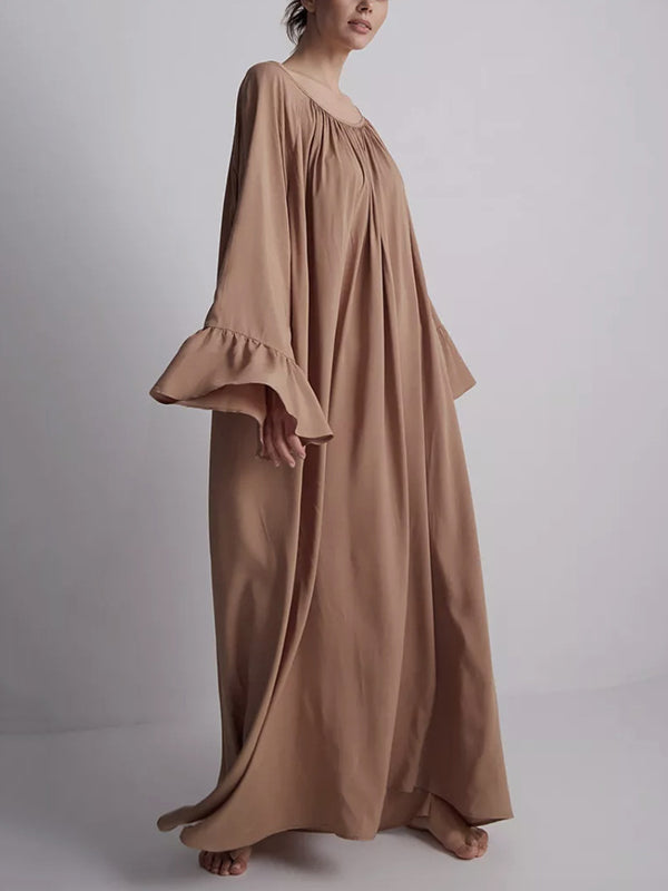 A-Line Flared Sleeves Pleated Solid Color Split-Joint Round-Neck Maxi Dresses