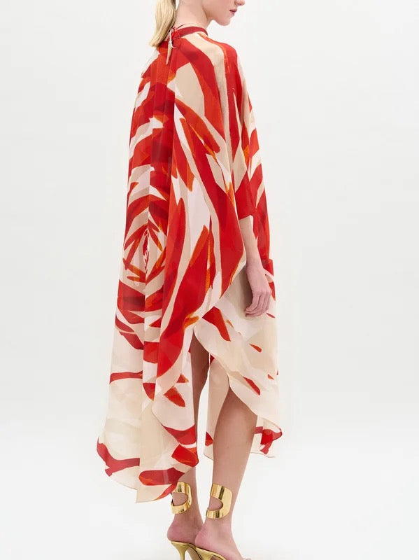 Half Sleeves Loose Flower Print Tied Round-Neck Midi Dresses