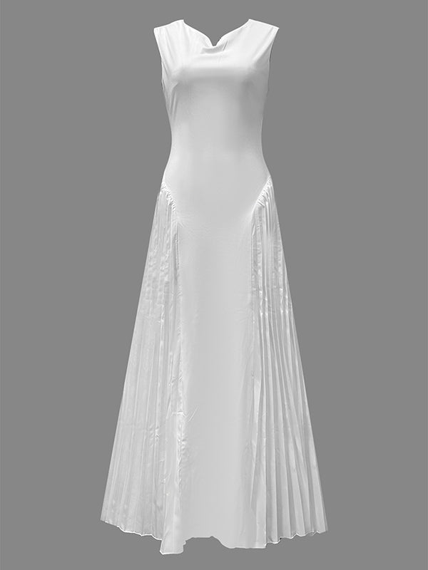 A-Line Loose Pleated Solid Color V-Neck Maxi Dresses
