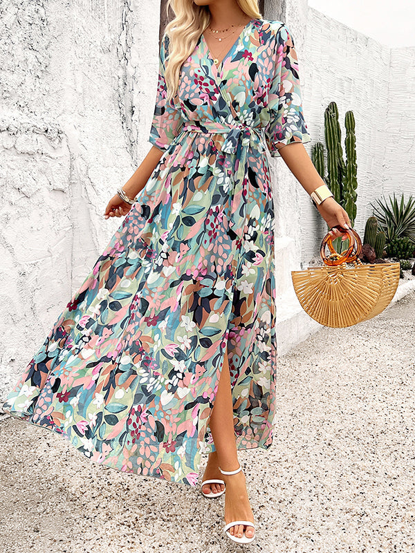 Half Sleeves Loose Flower Print Split-Side Tied Waist V-Neck Maxi Dresses