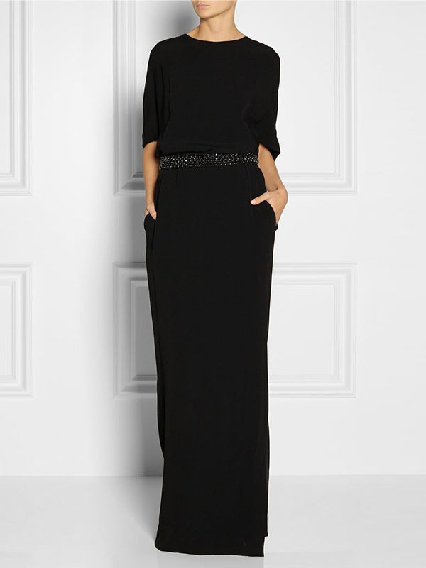 Half Sleeves Loose Rhine Stones Split-Joint Round-Neck Maxi Dresses