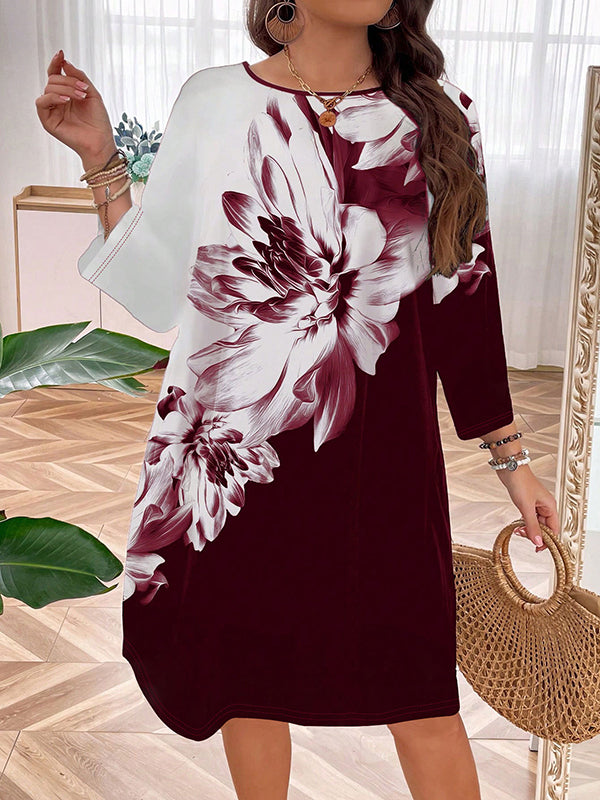 A-Line Long Sleeves Flower Print Split-Joint Round-Neck Midi Dresses