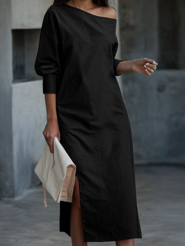 Long Sleeves Loose Solid Color Split-Side One-Shoulder Midi Dresses