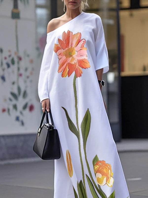 Loose Three-Quarter Sleeves Asymmetric Flower Print Pockets One-Shoulder Maxi Dresses