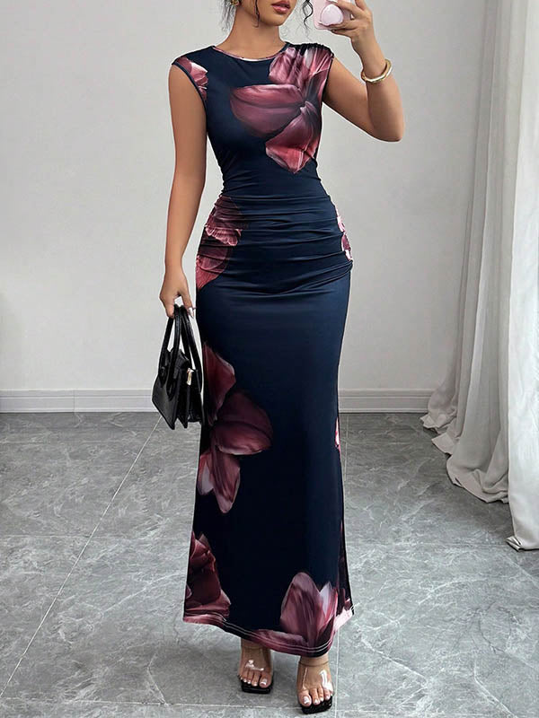 Bodycon Sleeveless Contrast Color Flower Print Round-Neck Maxi Dresses