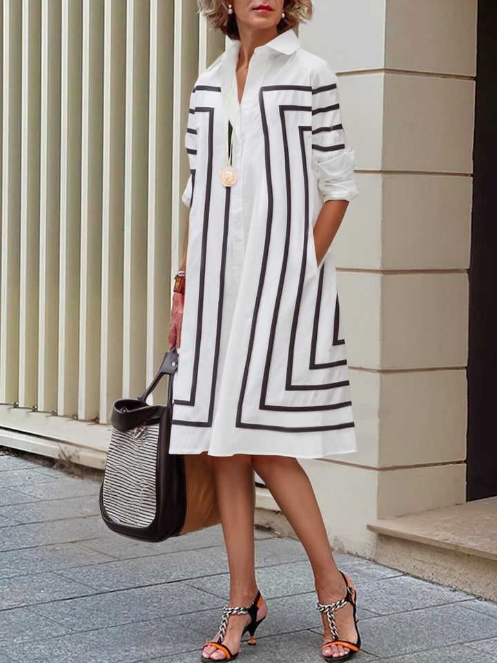 Half Sleeves Loose Buttoned Striped Lapel Midi Dresses Shirt Dress