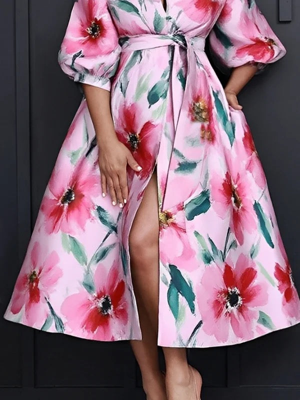 A-Line Half Sleeves Flower Print Tied Waist V-Neck Midi Dresses