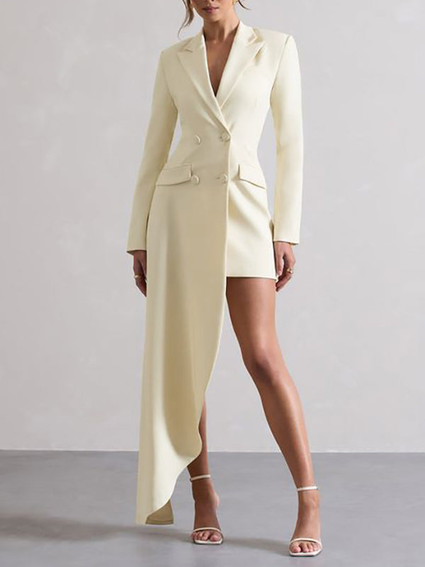 Long Sleeves Asymmetric Buttoned Pockets Solid Color Notched Collar Blazer Maxi Dress