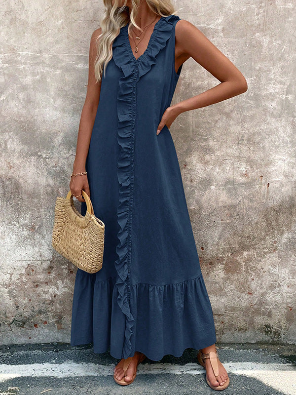 A-Line Loose Pleated Ruffle Trim Solid Color V-Neck Maxi Dresses