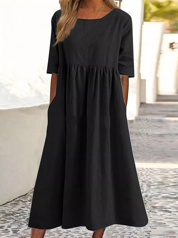 A-Line Half Sleeves Pleated Pockets Solid Color Round-Neck Midi Dresses