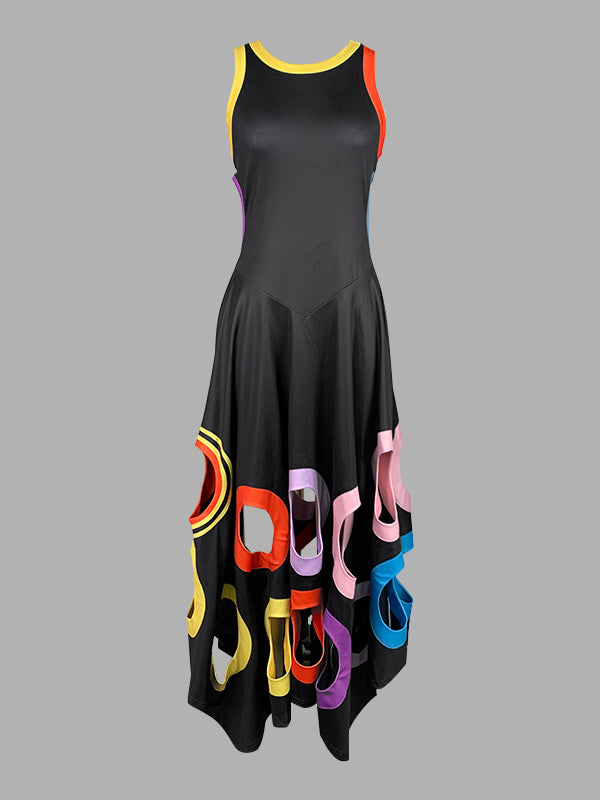 A-Line High Waisted Contrast Color Hollow Round-Neck Maxi Dresses