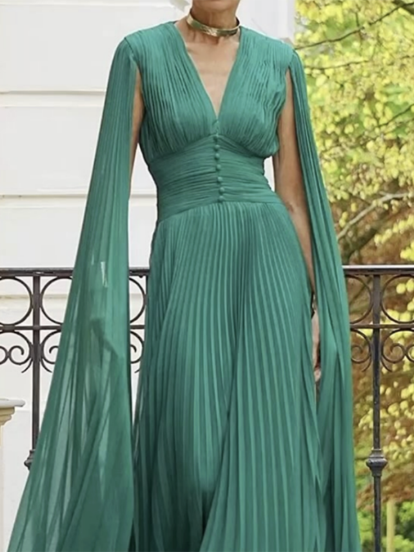 Long Sleeves Pleated Solid Color V-Neck Maxi Dresses