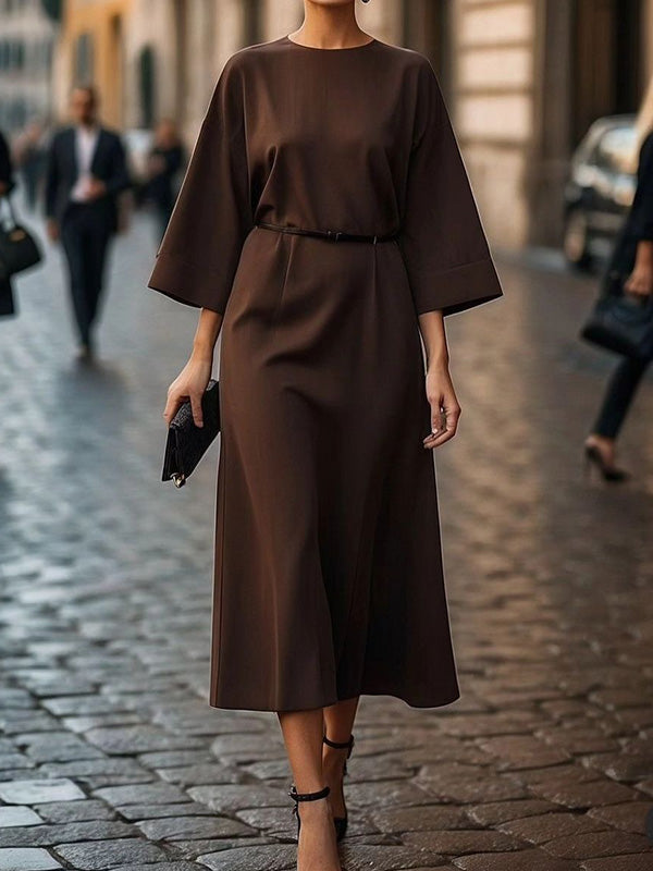 Loose Three-Quarter Sleeves Pleated Solid Color Split-Joint Round-Neck Midi Dresses