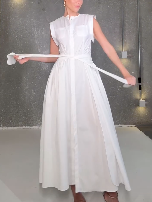 Cap Sleeve Loose Buttoned Solid Color Split-Side Tied Waist Maxi Dresses Shirt Dress