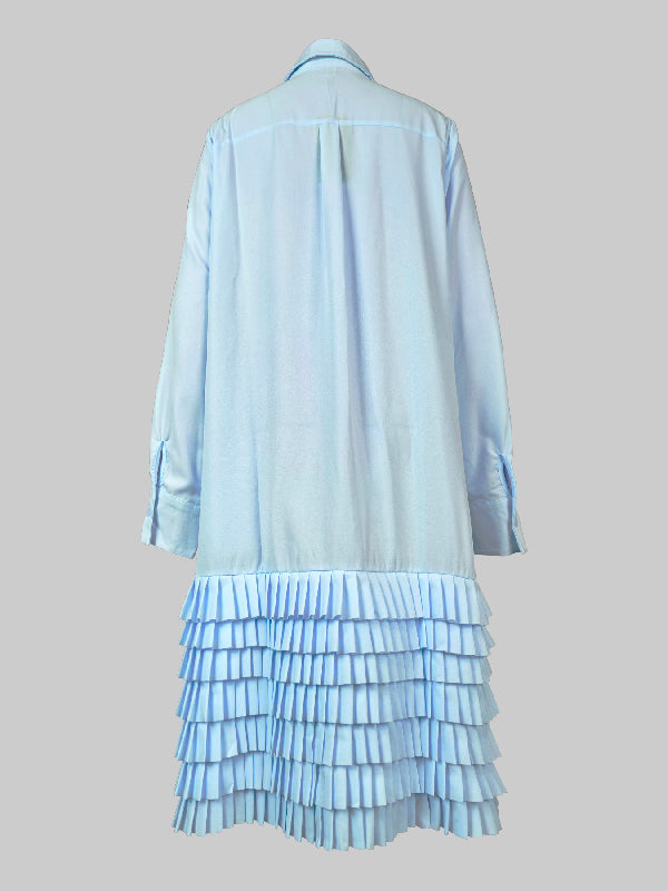 A-Line Long Sleeves Layered Pleated Pockets Solid Color Split-Joint Lapel Midi Dresses Shirt Dress