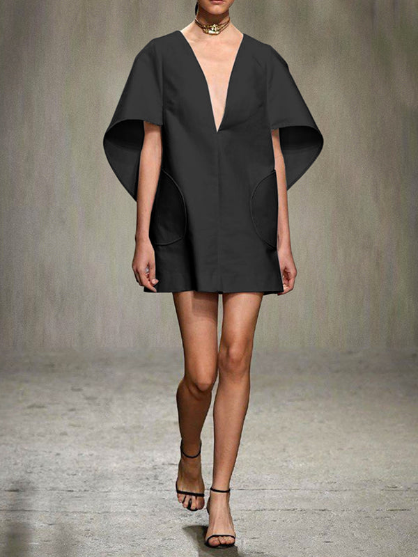 Half Sleeves Loose Solid Color Deep V-Neck Mini Dresses