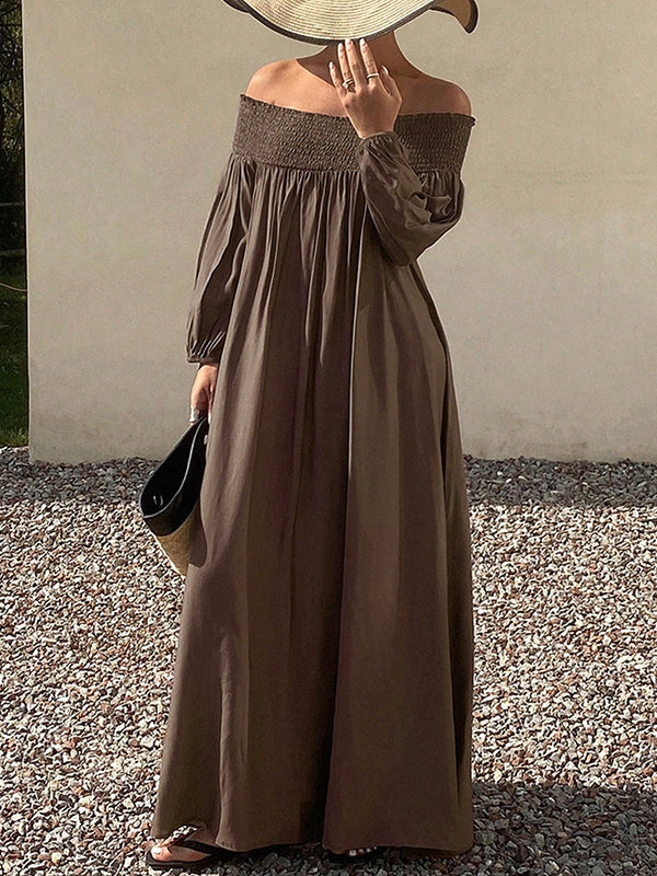 Loose Puff Sleeves Elasticity Pleated Solid Color Off-The-Shoulder Maxi Dresses
