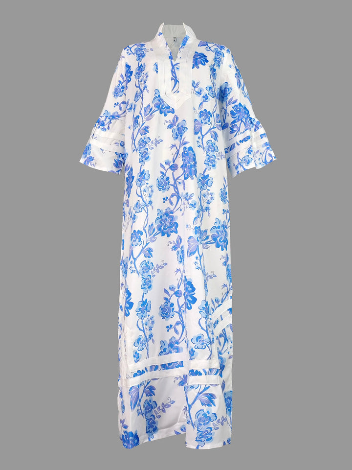 Flared Sleeves Loose Flower Print Split-Joint Split-side Deep V-Neck Midi Dresses